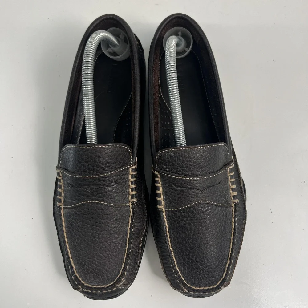 LL Beans Allagash Bison Leather Boat Moc Penny Loafers Mens Size 9.5 D Brown